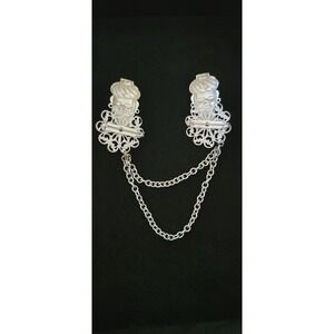 Vintage Turban Man Face Brooch Collar Chain Silver Tone‎ Gem Accent